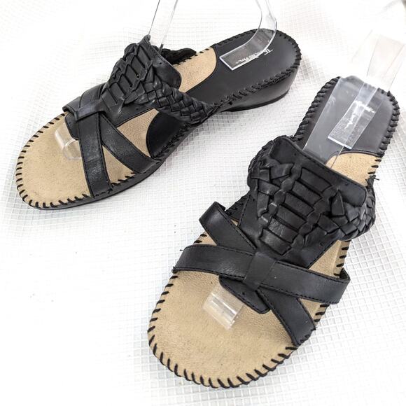 NWOT! THOM McAN! BLACK LEATHER WOVEN FRONT, MULTI & BRAIDED STRAP SANDALS!SZ 10W - Picture 1 of 7